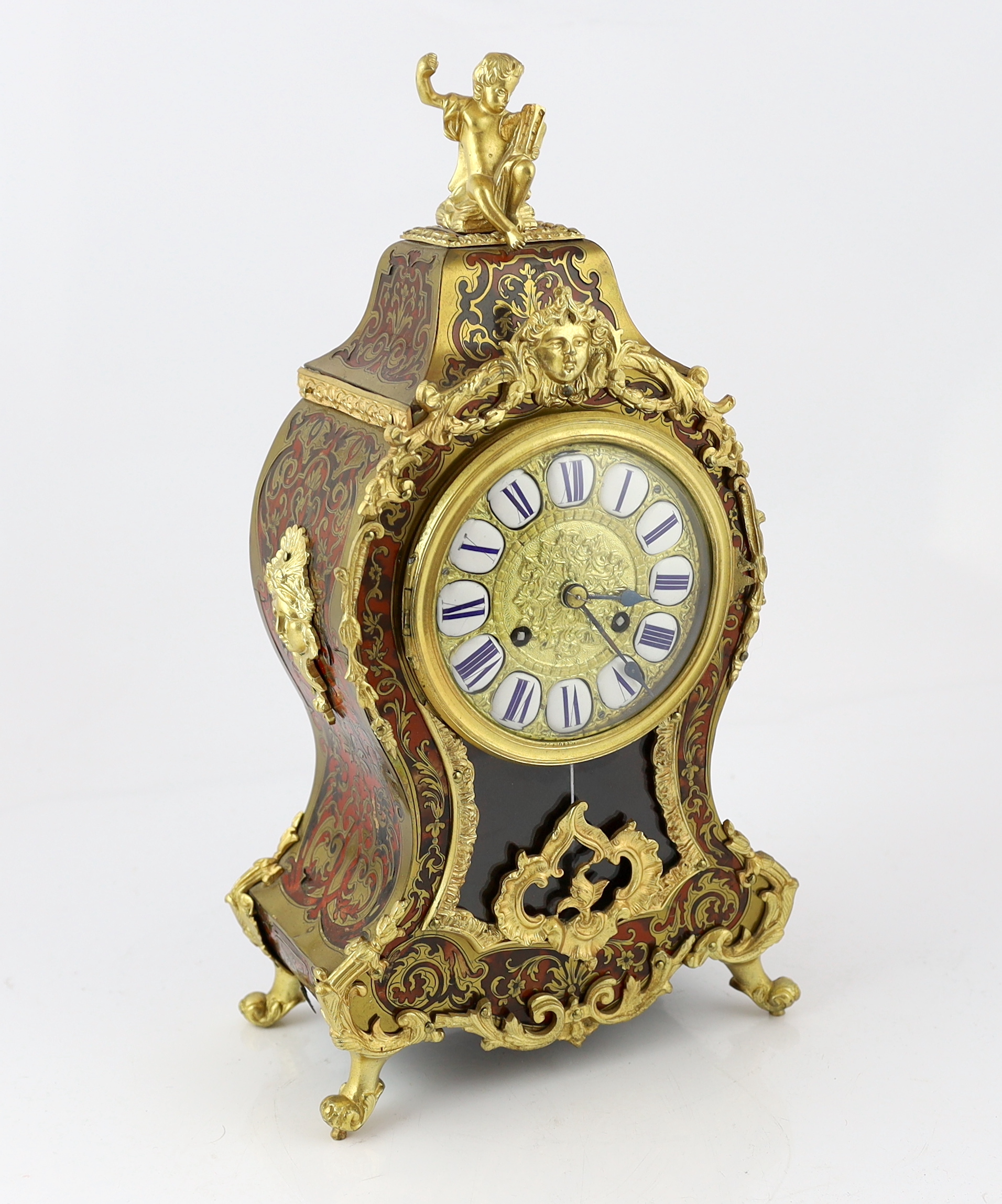 An early 20th century French ormolu mounted red boulle work mantel clock, 43cm high